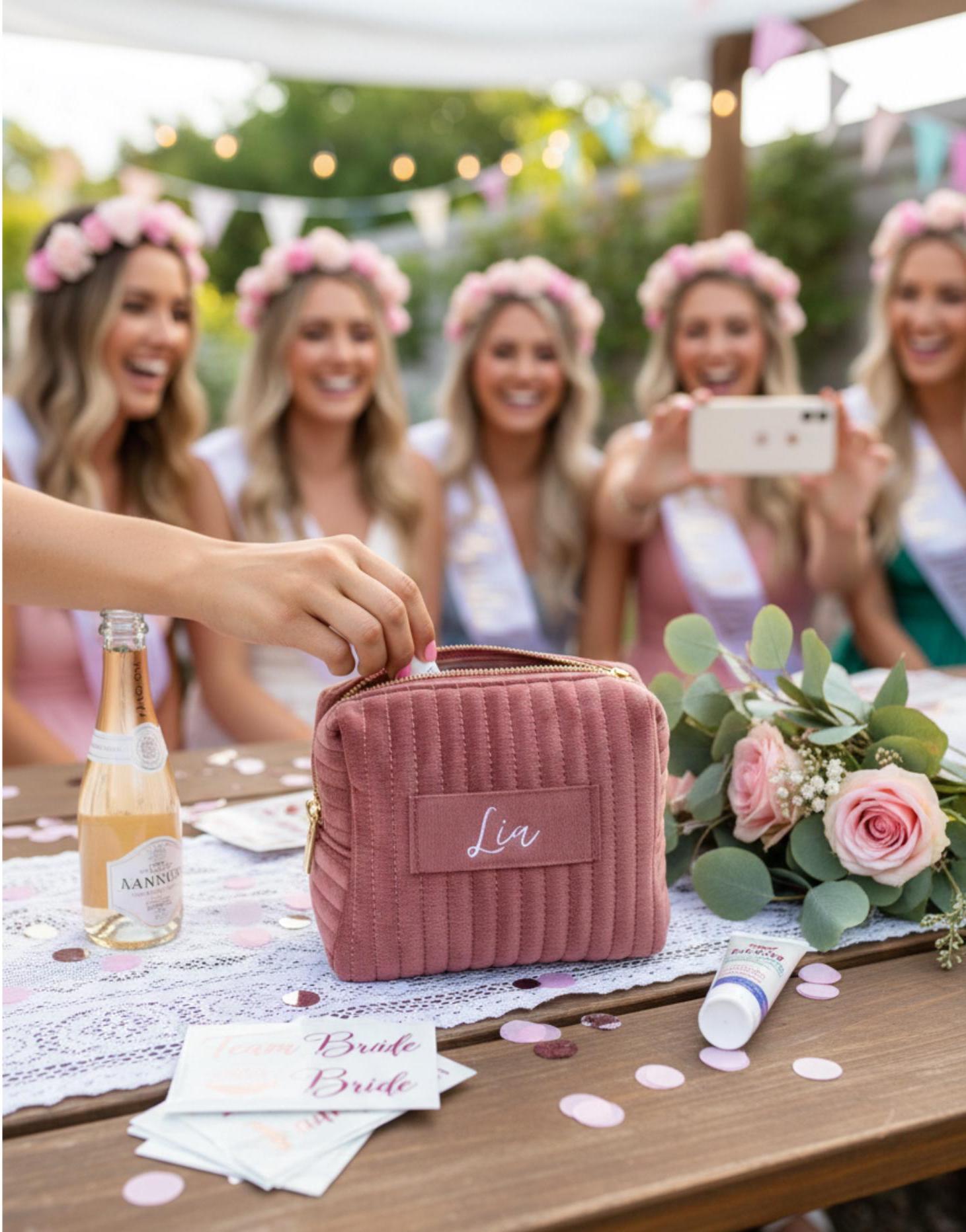 Personalisierte Samt Kosmetiktasche auf einem Junggesellinnenabschied JGA