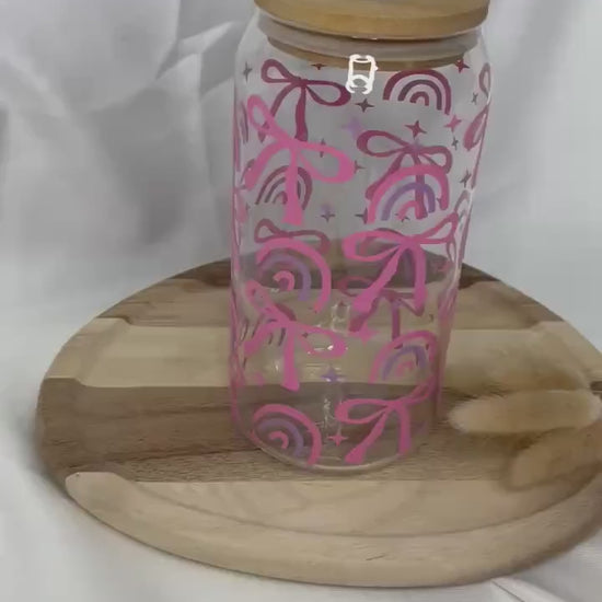 Tumbler Glas Geschenk Bow Schleife Trinkglas Girly rosa pink Rainbow Glas 20oz Trinkglas mit Strohhalm Geschenk für Sie Bambusdeckel
