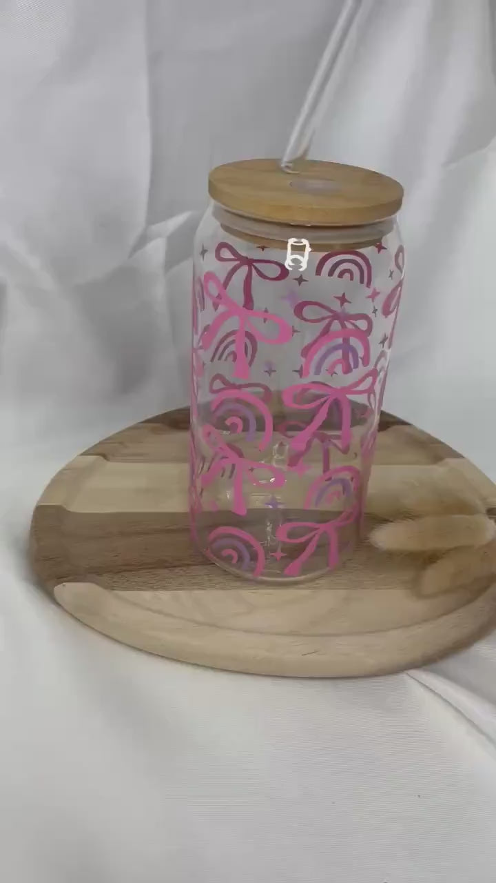 Tumbler Glas Geschenk Bow Schleife Trinkglas Girly rosa pink Rainbow Glas 20oz Trinkglas mit Strohhalm Geschenk für Sie Bambusdeckel