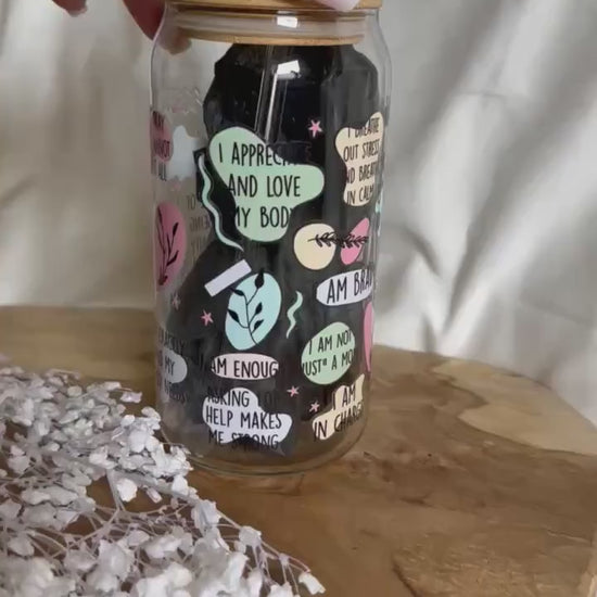 Mental Health Cup Tumbler Mom Affirmationen Trinkglas mit Bambusdeckel für Mamas Tumbler Mama Glas Geschenk 20oz Trinkglas mit Strohhalm