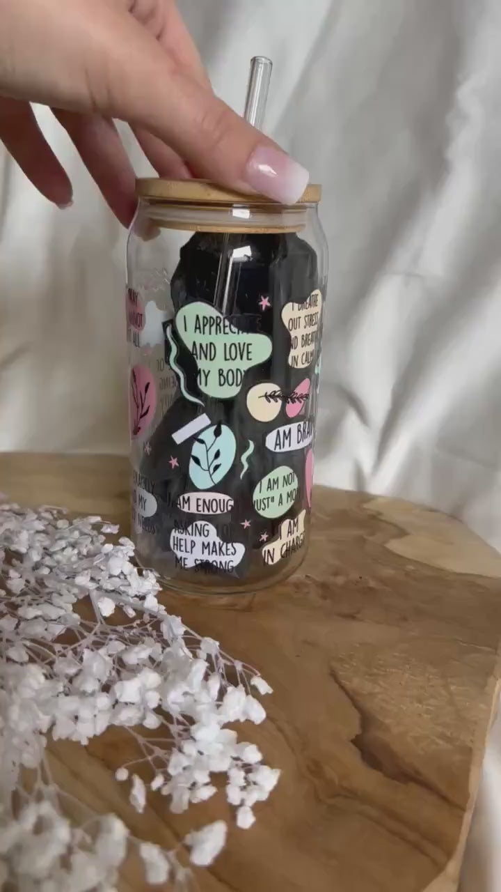 Mental Health Cup Tumbler Mom Affirmationen Trinkglas mit Bambusdeckel für Mamas Tumbler Mama Glas Geschenk 20oz Trinkglas mit Strohhalm